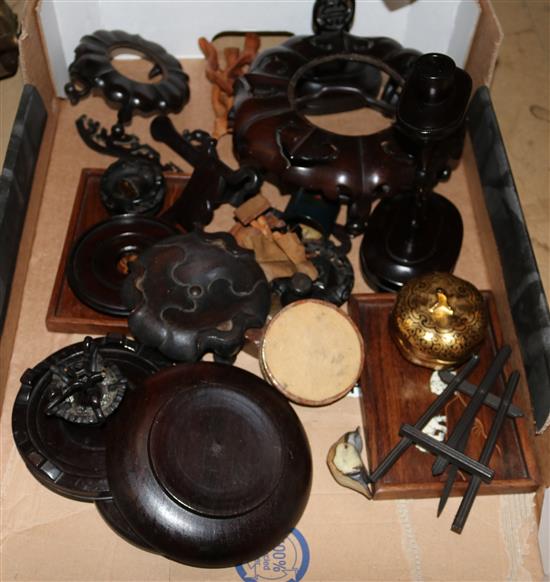 Pair Chinese rosewood candlesticks and other various stands